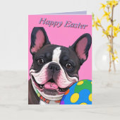 Carte Bouledogue français œuf de Pâques (Fleur jaune)