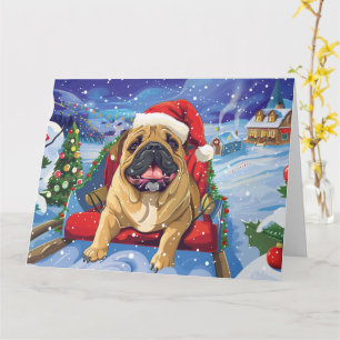 Carte Bouledogue mastiff dans un traîneau enneigé Noël