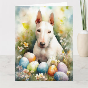 Carte Bouledogue Terrier avec œufs de Pâques de vacances
