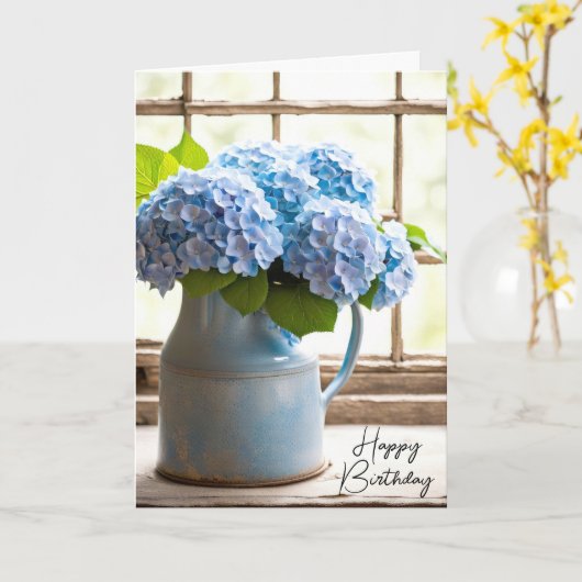 Carte Bouquet d'anniversaire Blue Hydrangea dans la fenê (Fleur jaune)