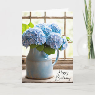 Carte Bouquet d'anniversaire Blue Hydrangea dans la fenê