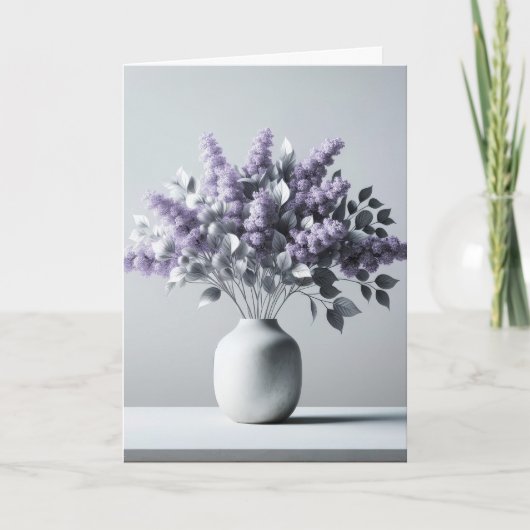 Carte Bouquet D'Anniversaire Lilac Avec Feuilles D'Argen (Devant)