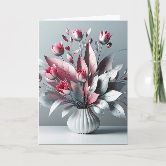 Carte Bouquet D'Anniversaire Tulip Avec Feuilles D'Argen (Devant)