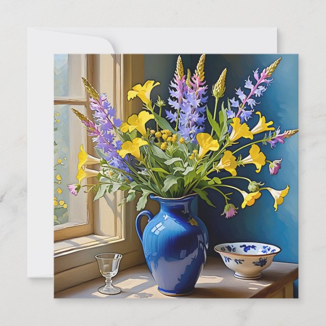 Carte Bouquet d'art bleu jaune violet (Devant)