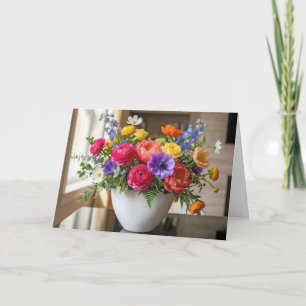 Carte Bouquet de fleurs d'été d'anniversaire dans un vas