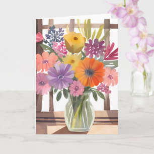 Carte Bouquet de fleurs printanières   Aquarelle pastel 