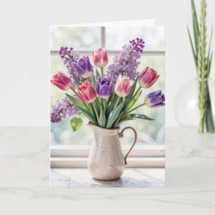 Carte Bouquet de lilas et tulipes de printemps Pensée po