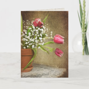 Carte bouquet de tulipe rose sur dentelle