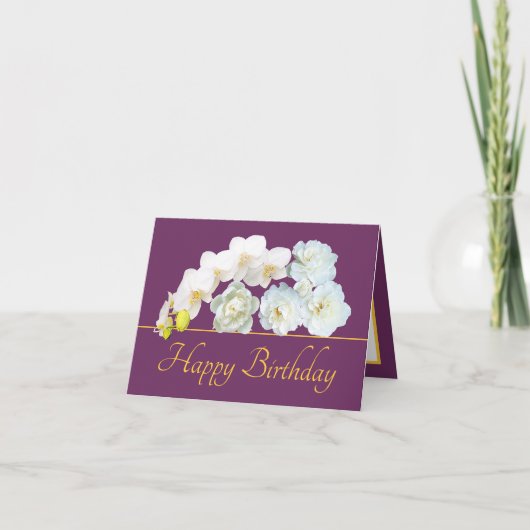 Carte Bouquet d'or violet Fleurs blanches Joyeux anniver (Devant)