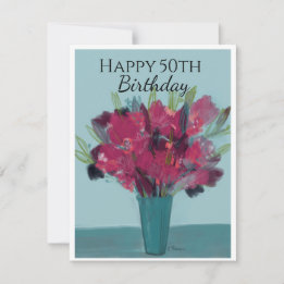 Carte Bouquet floral en Turquoise & Rose Joyeux 50e anni
