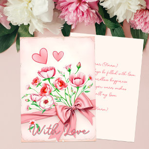 Carte Bouquet floral rose élégant avec cœurs et ruban