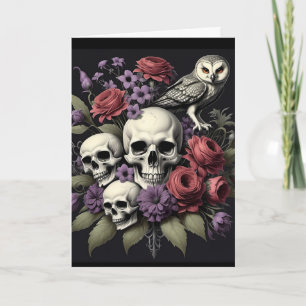 Carte Bouquet gothique avec trois crânes et un oiseau An