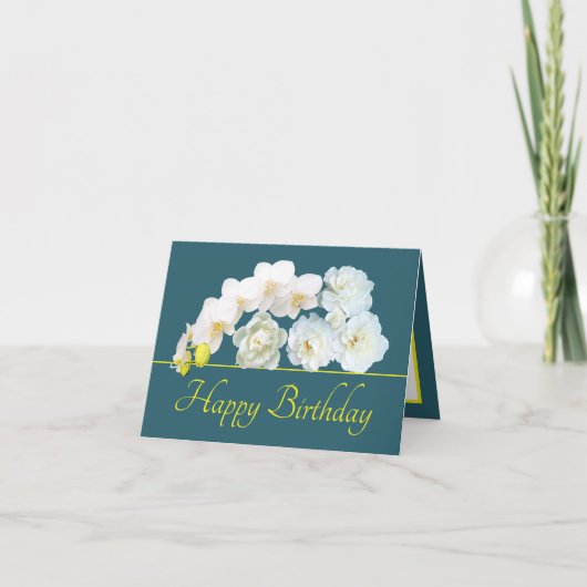 Carte Bouquet jaune vert Fleurs blanches Joyeux annivers (Devant)