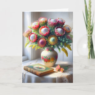 Carte Bouquet Pincushion Protea Avec Ancien Livre