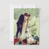 Carte Bourgogne et bleu Mariage Fleurs Anglaises Merci (Devant)