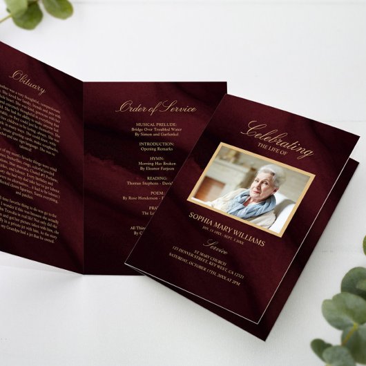 Carte Bourgogne & Gold Calligraphy Memorial Program