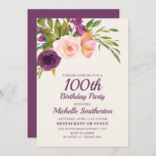 Carte Bourgogne violet bleu rose floral 100e anniversair