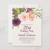 Carte Bourgogne violet bleu rose floral 21e anniversaire (Devant)