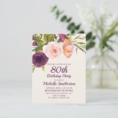Carte Bourgogne violet bleu rose floral 80e anniversaire (Debout devant)
