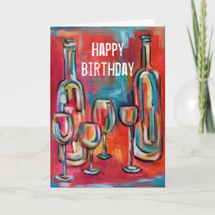 Carte Bouteilles de vin Lunettes Anniversaire Rouge Bleu