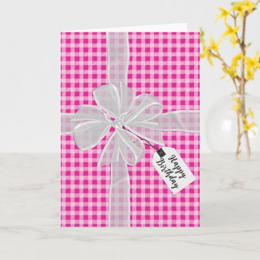 Carte Bow Anniversaire Sur En vichy Rose (Fleur jaune)