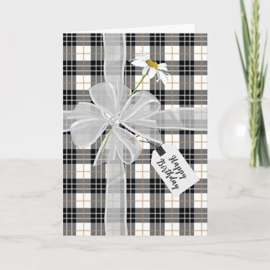 Carte Bow d'anniversaire avec marguerites sur Tartan Pla (Devant)