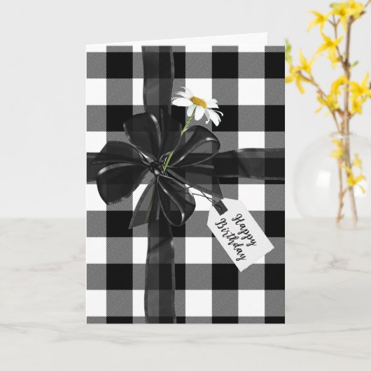 Carte Bow d'Anniversaire Noir sur Plaid (Fleur jaune)
