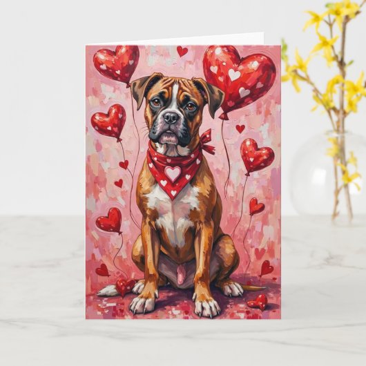 Carte Boxer chien de la Saint-Valentin avec coeurs rouge (Fleur jaune)