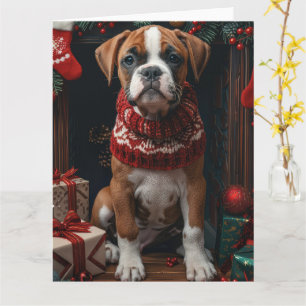 Carte Boxeur avec cheminée de cadeaux de Noël