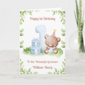 Carte Boy 1st Birthday Greenery Teddy Bear Card (Devant)