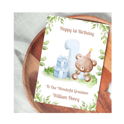 Carte Boy 1st Birthday Greenery Teddy Bear Card