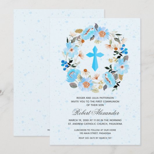 Carte Boy First Communion Aquarelle Bleu Floral Invitati (Devant / Derrière)