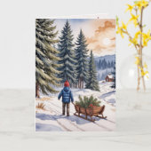 Carte Boy Pulling a Sled With Christmas Evergreen Boughs (Fleur jaune)
