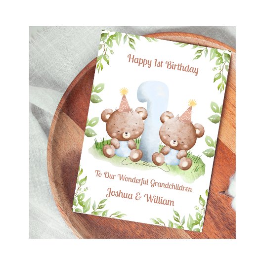 Carte Boy Twins 1st Birthday Greenery Teddy Bear Card