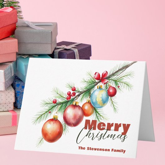Carte Branche de pin avec Baubles de Noël élégants