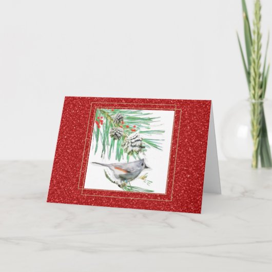 Carte Branche de pin et oiseau de Noël à l'aquarelle (Devant)