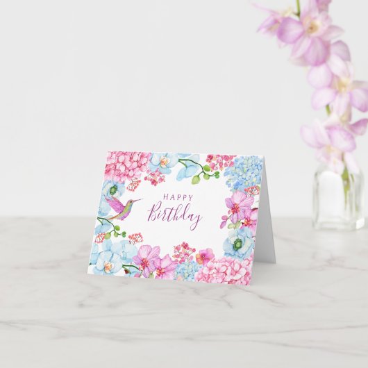 Carte Branche florale bleu rose avec anniversaire heureu (Orchidée)