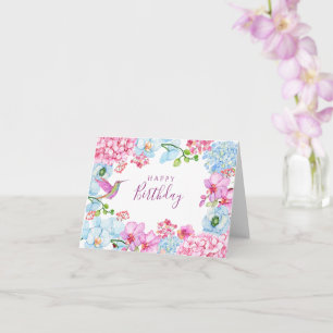 Carte Branche florale bleu rose avec anniversaire heureu