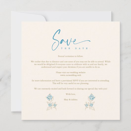 Carte Branches Mariage Tendance Bleu Enregistrer la Date (Dos)