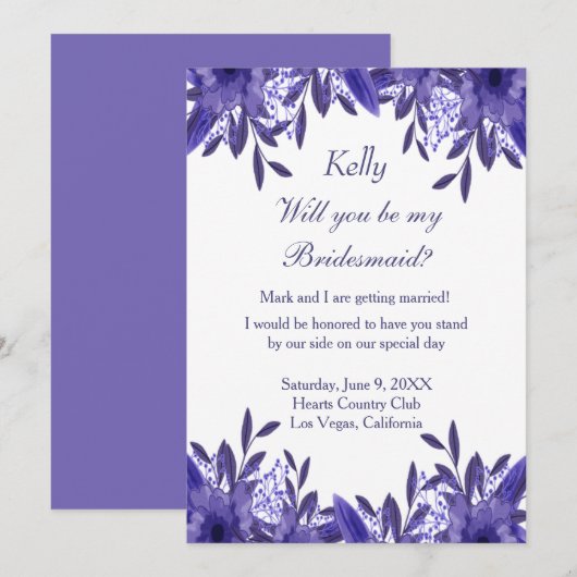 Carte Bridesmaid bleu violet en feuillage floral (Devant / Derrière)