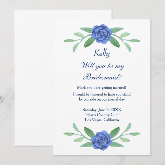 Carte Bridesmaid Blue Floral Greenery Foliage (Devant / Derrière)