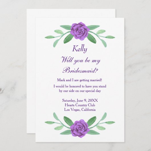 Carte Bridesmaid Foliage Floral Violet (Devant / Derrière)