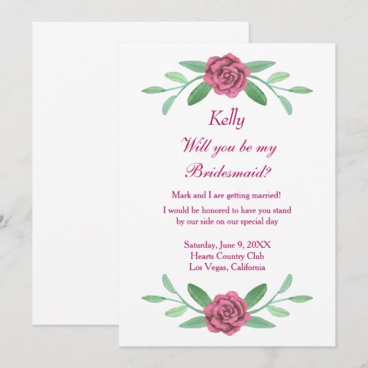 Carte Bridesmaid Foliage Rose Floral (Devant / Derrière)