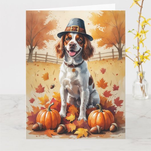 Carte Brittany Spaniel En Automne Laisse L'Art Thanksgiv (Fleur jaune)