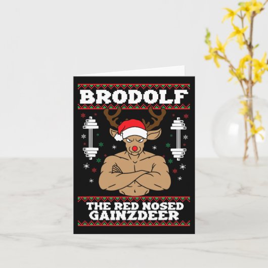Carte Brodolf Noël drôle Buff Renne Gym Culturisme (Fleur jaune)
