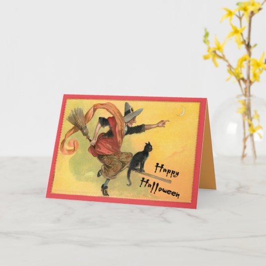 Carte Broom Flying Chat and Witch (Fleur jaune)