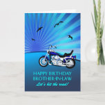 Carte Brother en droit Anniversaire Motorbike Sunset Car<br><div class="desc">Bonne carte de beau-frère d'anniversaire avec une moto. Une carte parfaite pour un motard. Une moto bleue avec un coucher de soleil stylisé et des oiseaux volants. N'importe quel passionné de vélo aimera obtenir une carte comme celle-ci.</div>