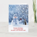 Carte Brother Happy Holidays Cute Snowman Vin<br><div class="desc">Envoyez de merveilleux voeux pour les vacances à votre frère d'une manière mignonne et humoristique avec ce vin chéri buvant bonhomme de neige portant un casquette et foulard.</div>