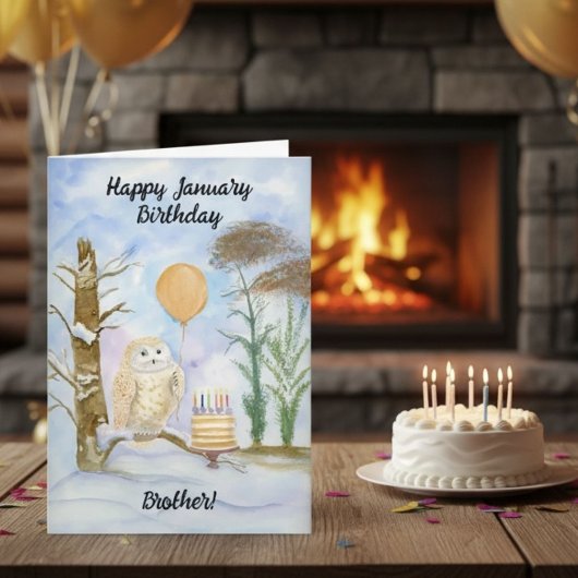 Carte Brother Happy January Birthday Owl Cake