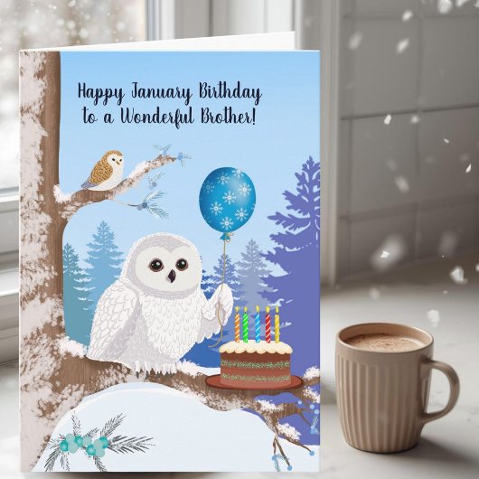 Carte Brother Happy January Birthday Snowy Owl